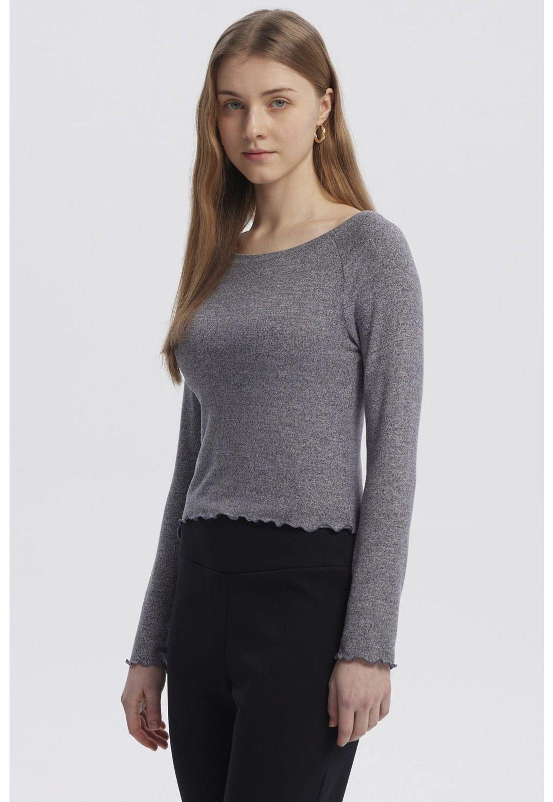 Polera Mujer Juvenil Cuello Bote Recogido Gris Melange-1
