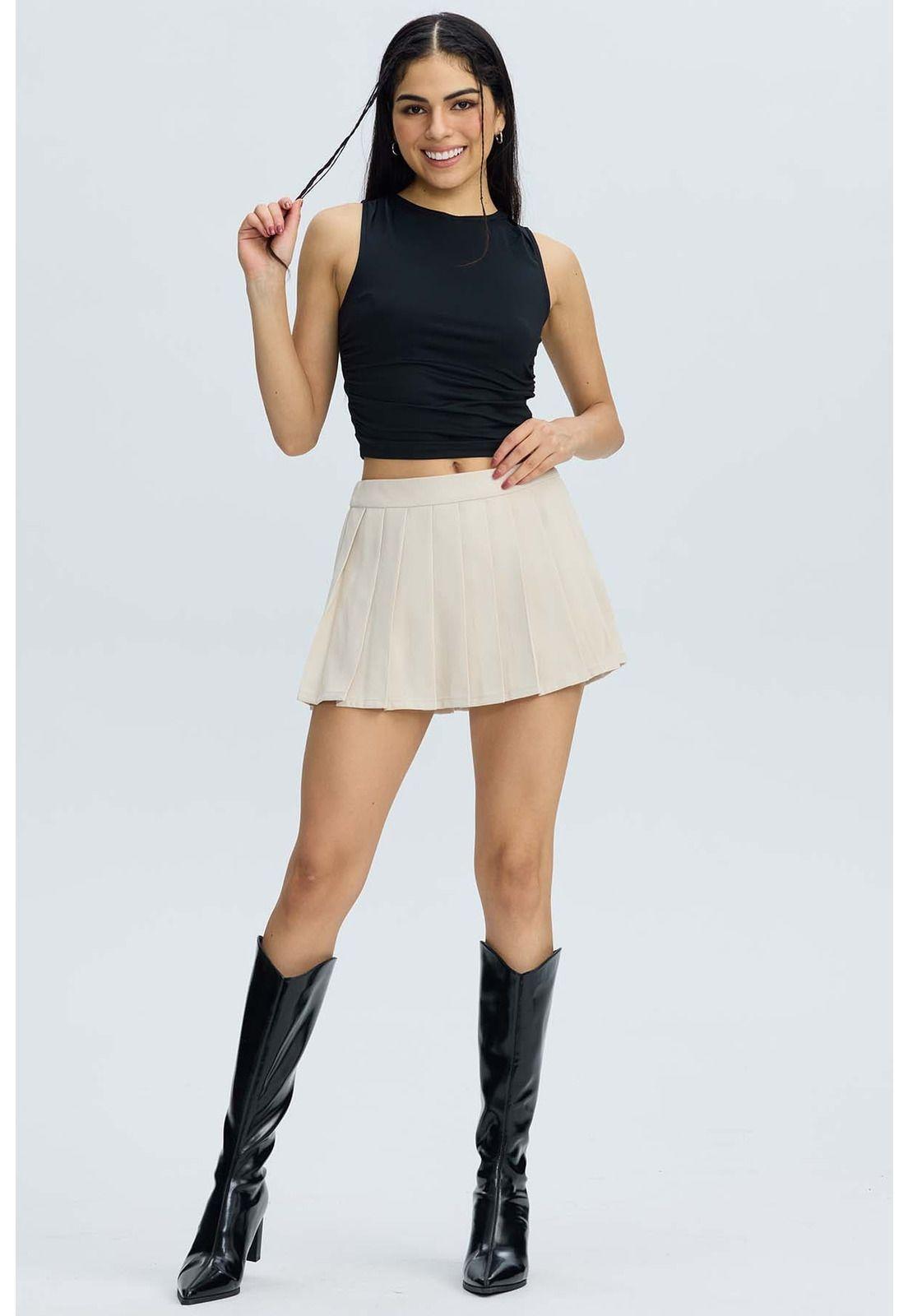 Falda Mujer Tablas Cinturón Beige-0