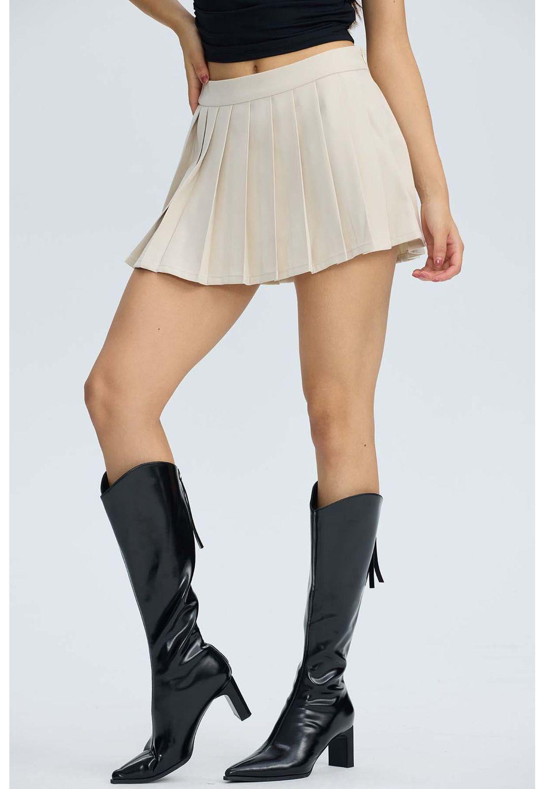 Falda Mujer Tablas Cinturón Beige-1