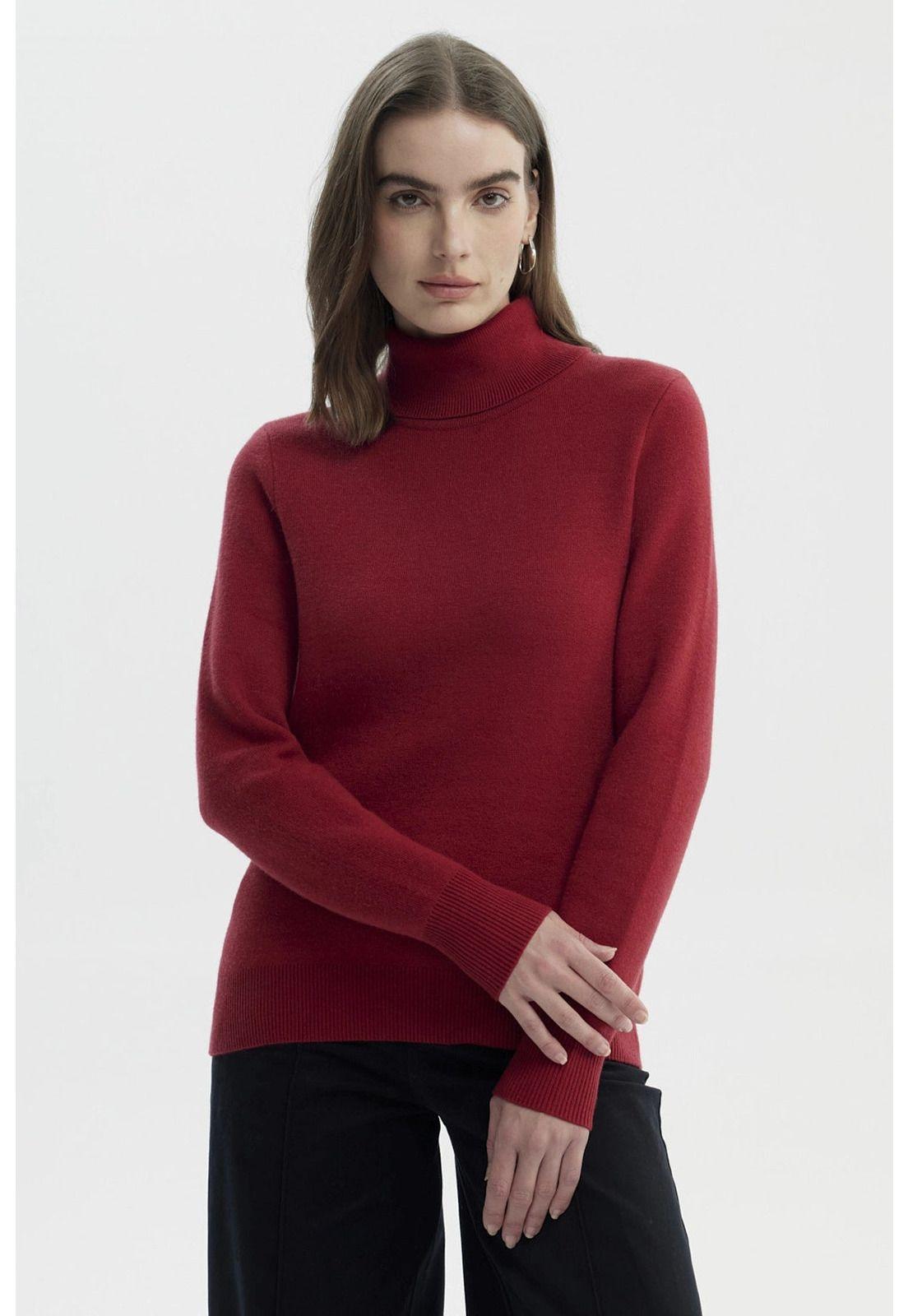 Sweater Mujer Slim Cuello Alto Rojo Oscuro-0