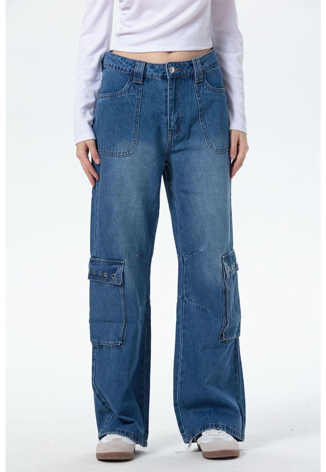 Jeans Mujer Cargo Calce Recto Azul - lll-0