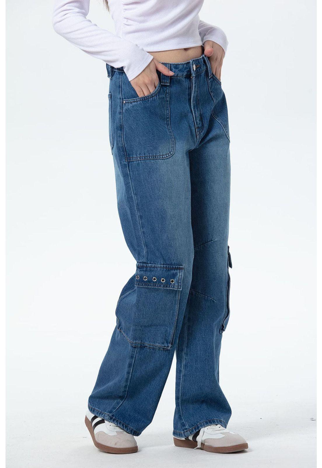 Jeans Mujer Cargo Calce Recto Azul - lll-1