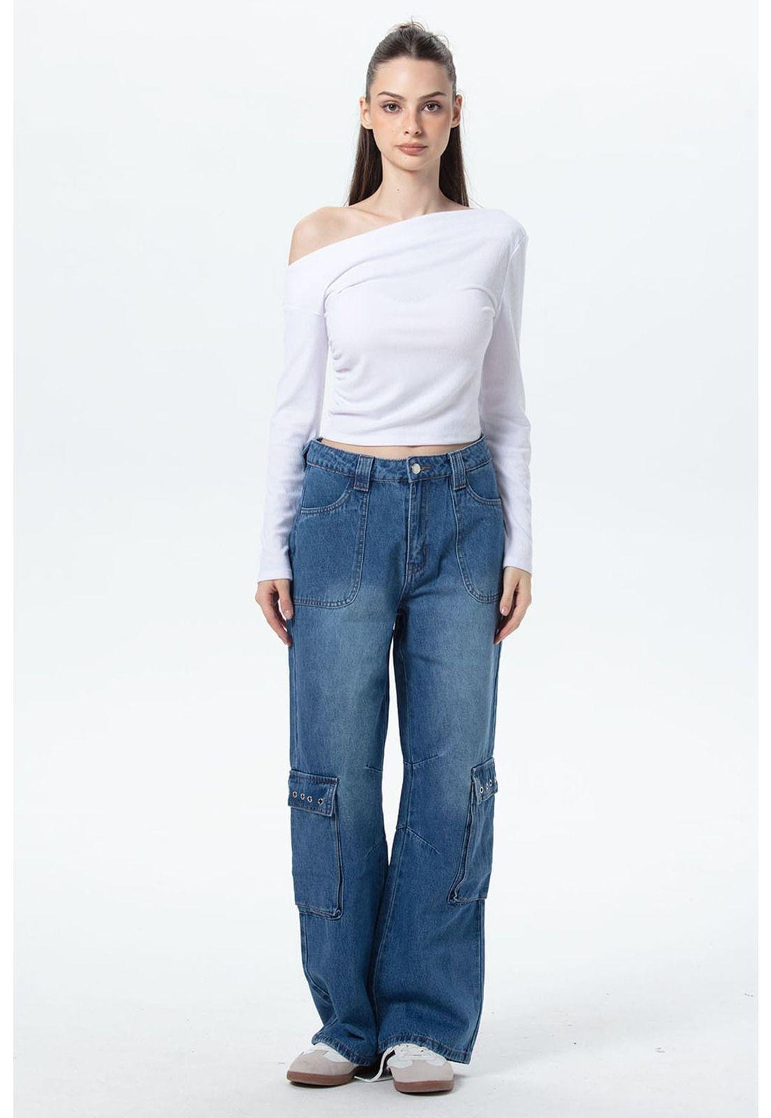 Jeans Mujer Cargo Calce Recto Azul - lll-3