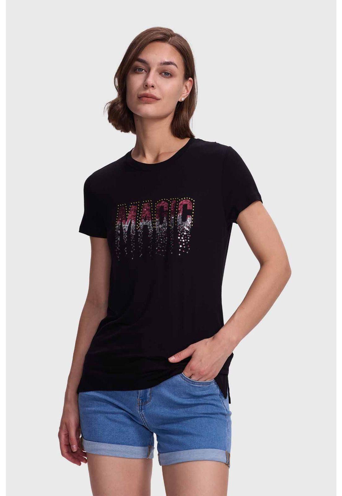 Polera Mujer Estampado Con Aplicación Negro / Fucsia-0