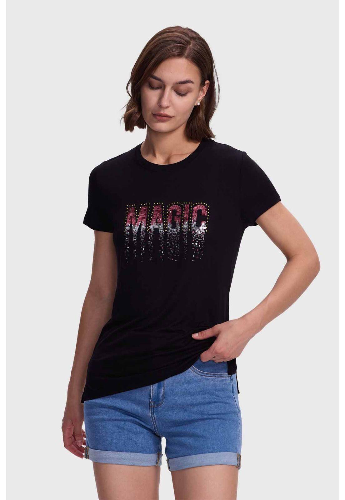 Polera Mujer Estampado Con Aplicación Negro / Fucsia-1