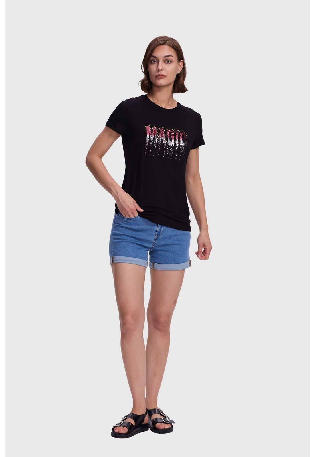 Polera Mujer Estampado Con Aplicación Negro / Fucsia-2