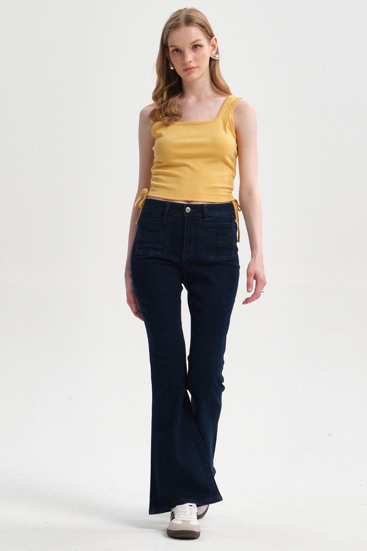 Jeans Mujer Flare Bolsillo Azul Oscuro II-3