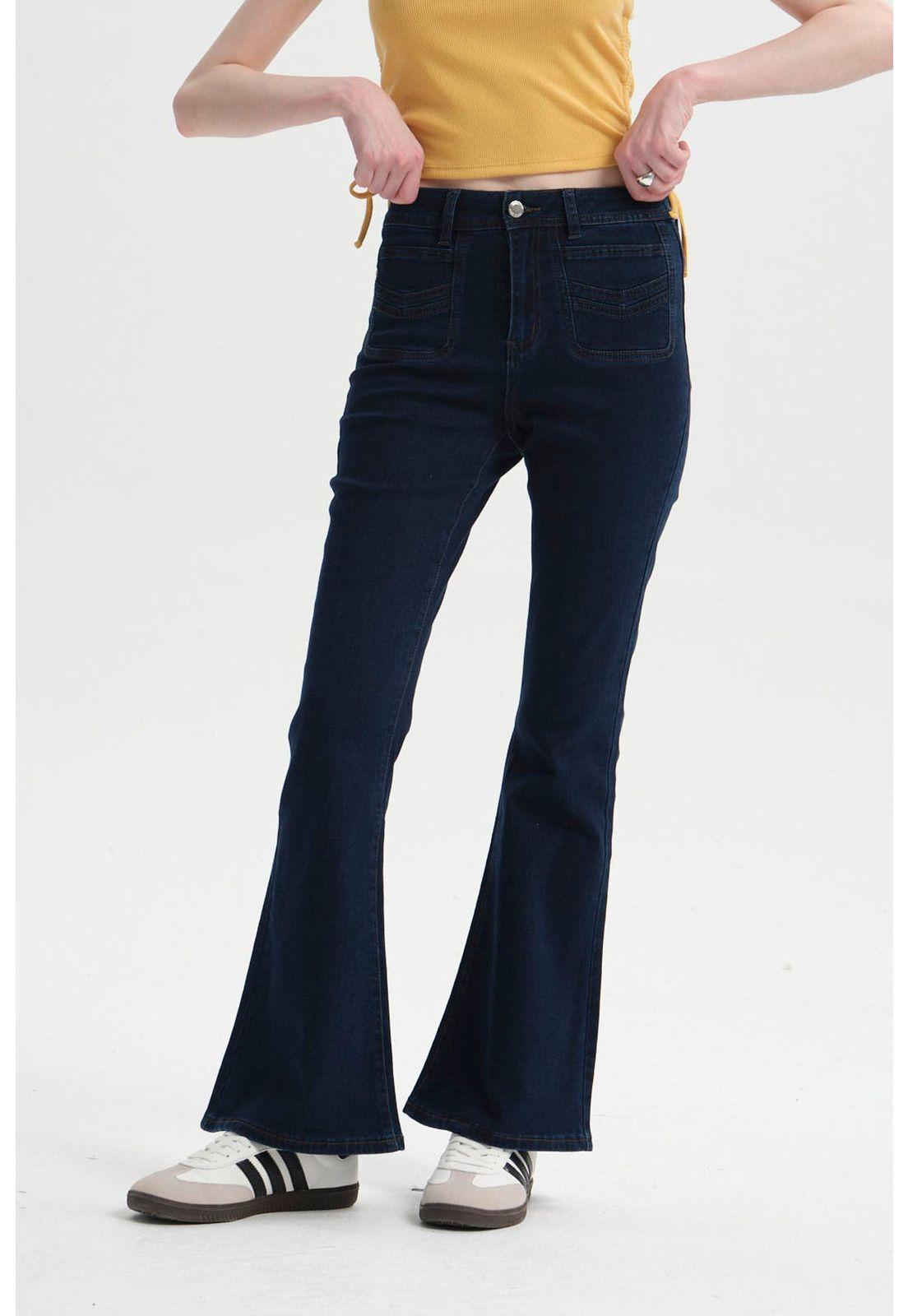 Jeans Mujer Flare Bolsillo Azul Oscuro-1