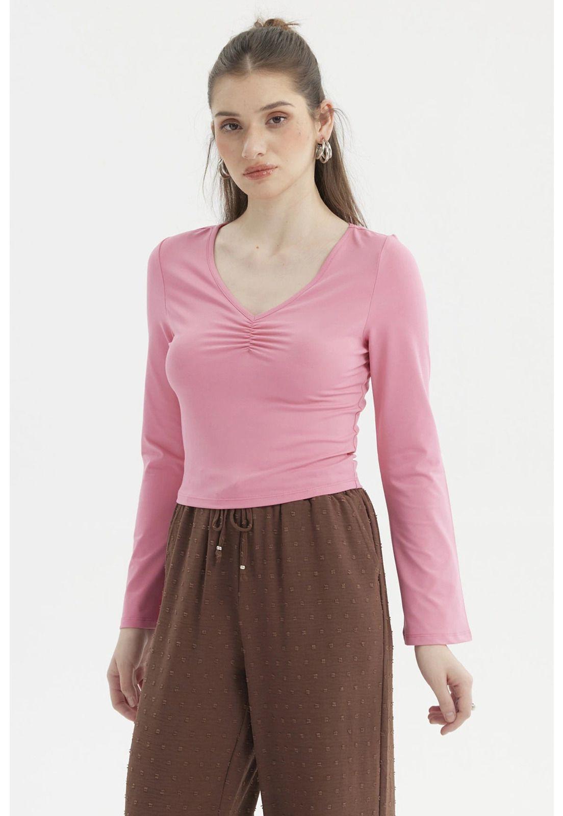 Polera Mujer Recogido Escote Rosa-0