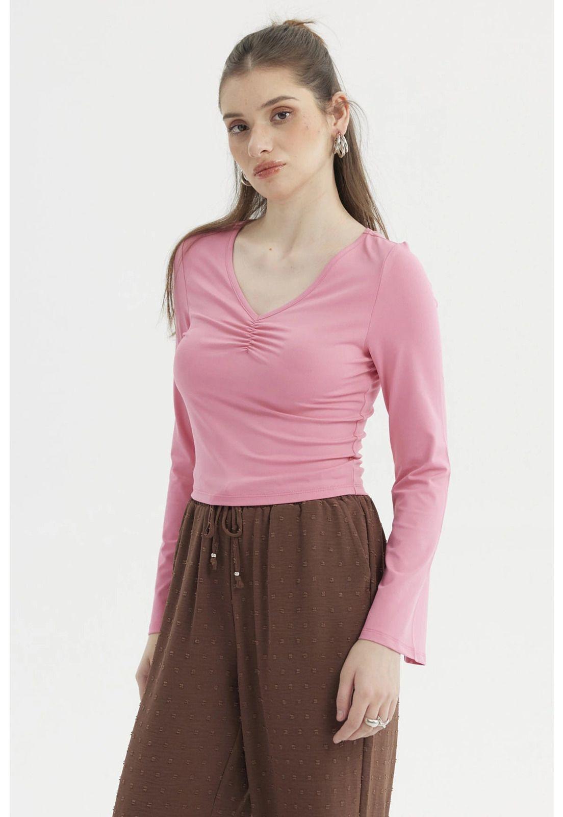 Polera Mujer Recogido Escote Rosa-1