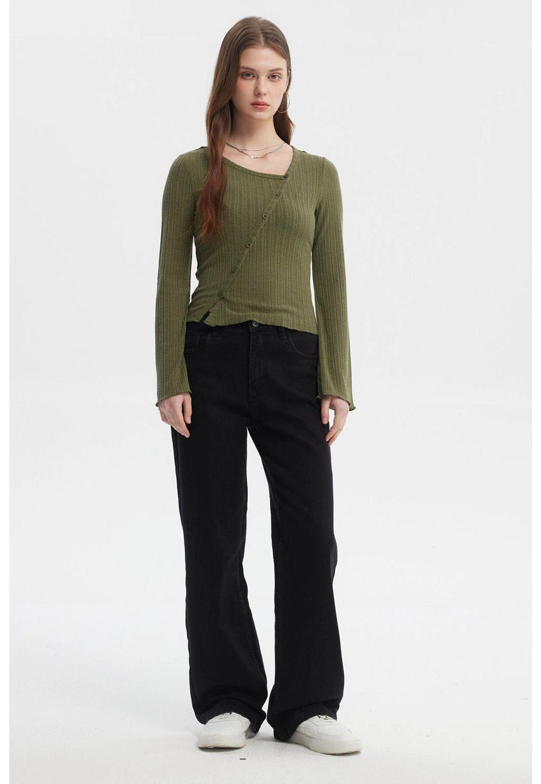 Polera Mujer Asimétrica Botones Verde Militar Claro-3