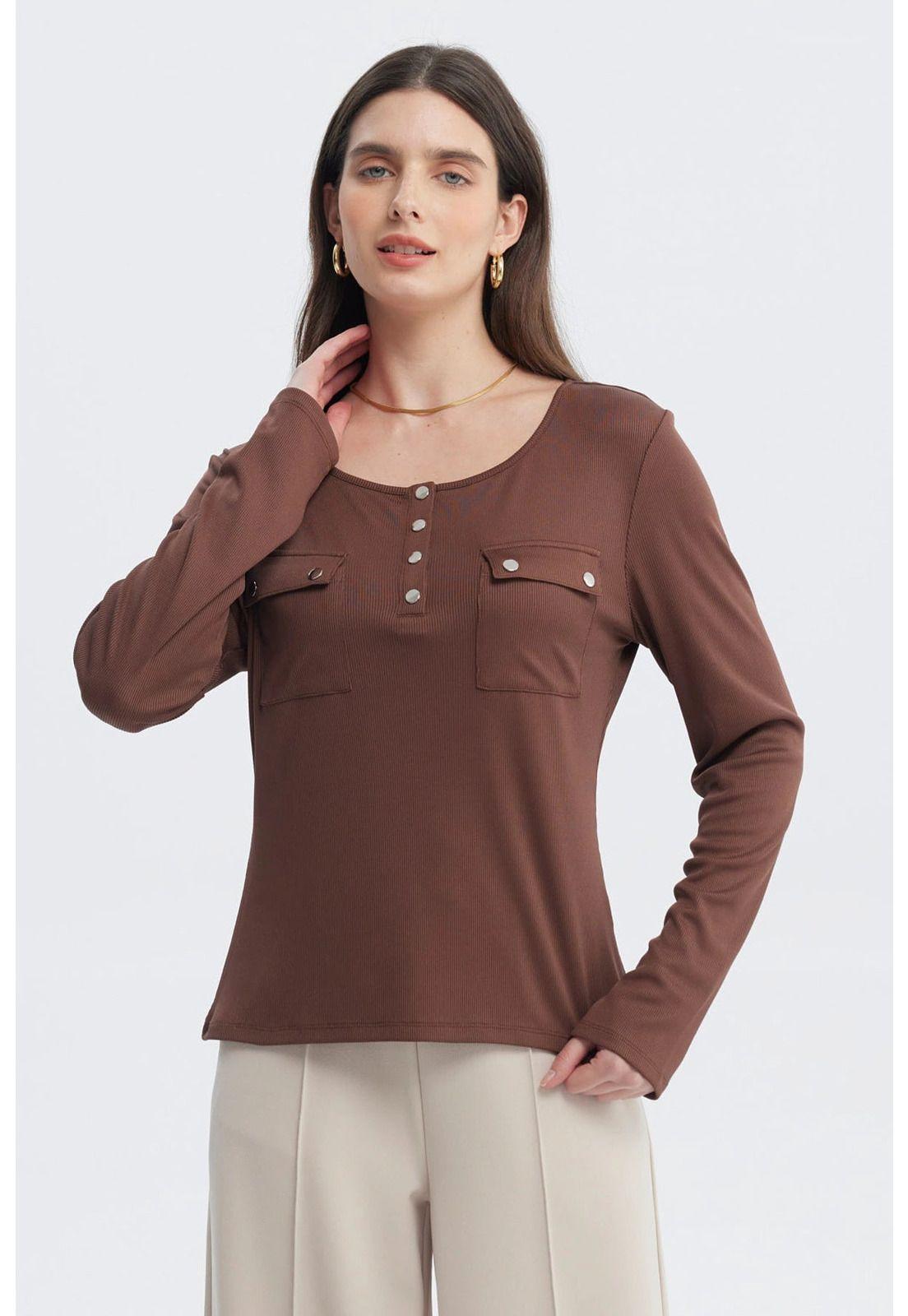 Polera Mujer Aplicación Botones Café Claro-0