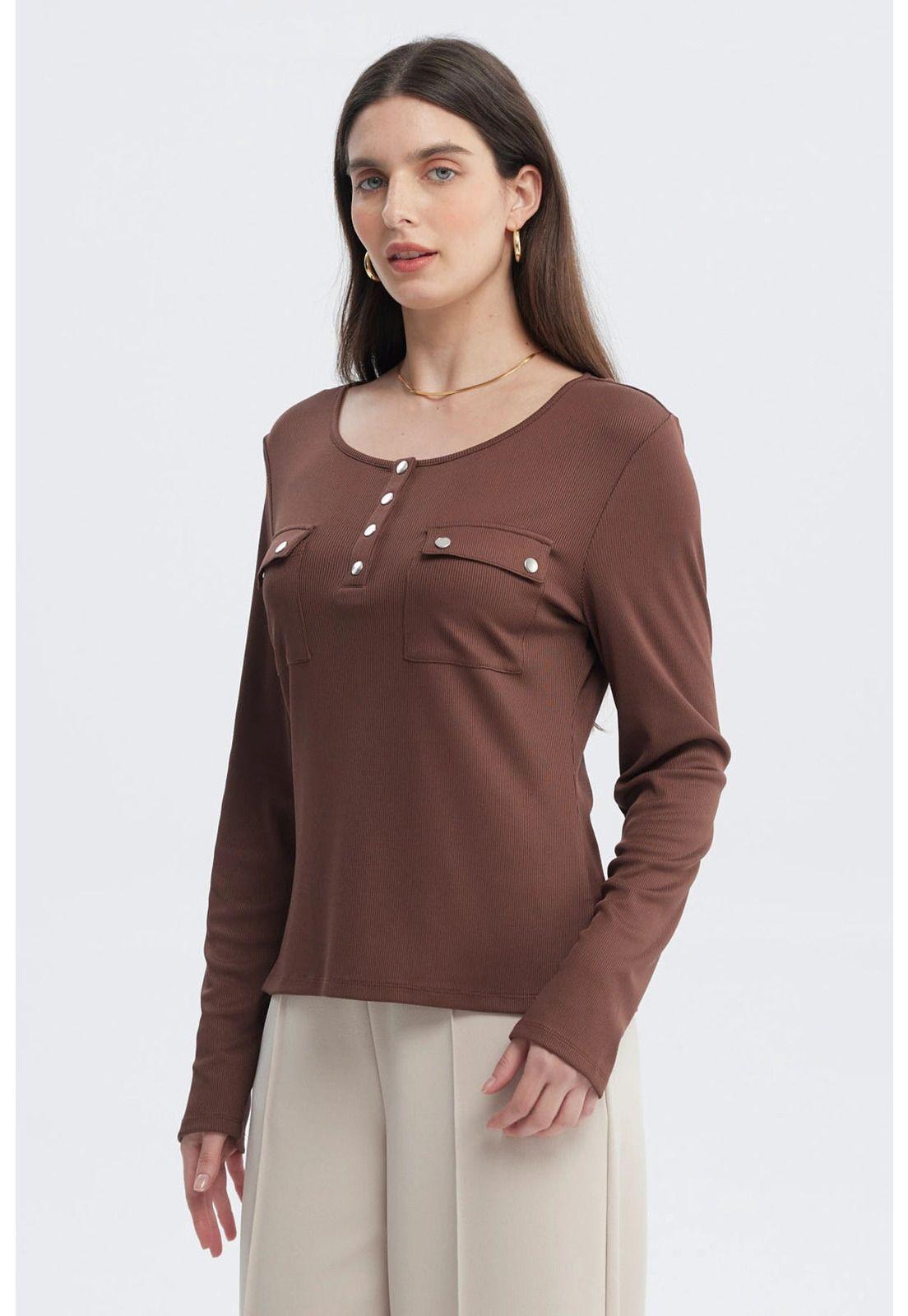 Polera Mujer Aplicación Botones Café Claro-1