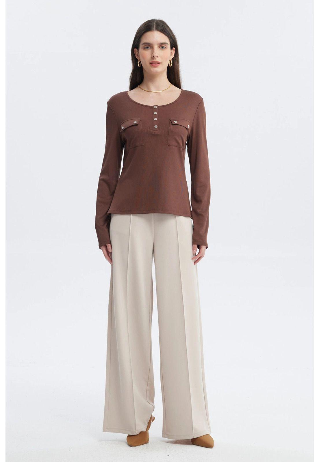 Polera Mujer Aplicación Botones Café Claro-3