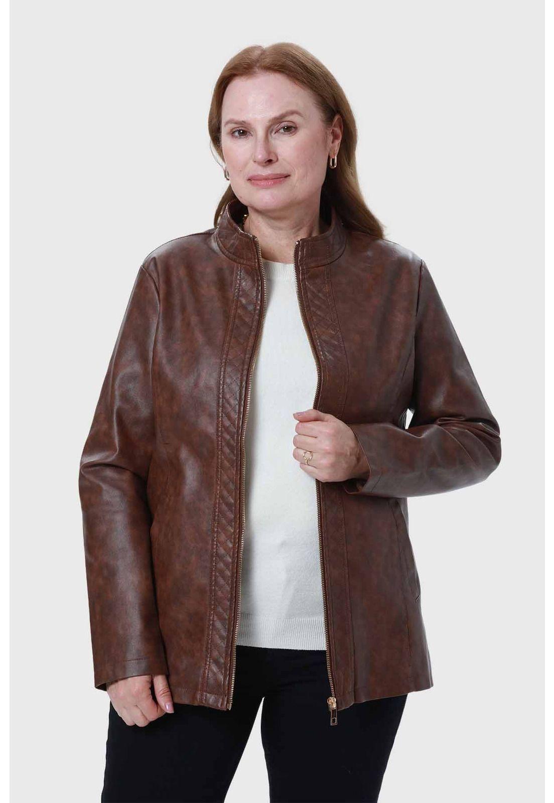 Chaqueta Efecto Cuero Mujer Café-1