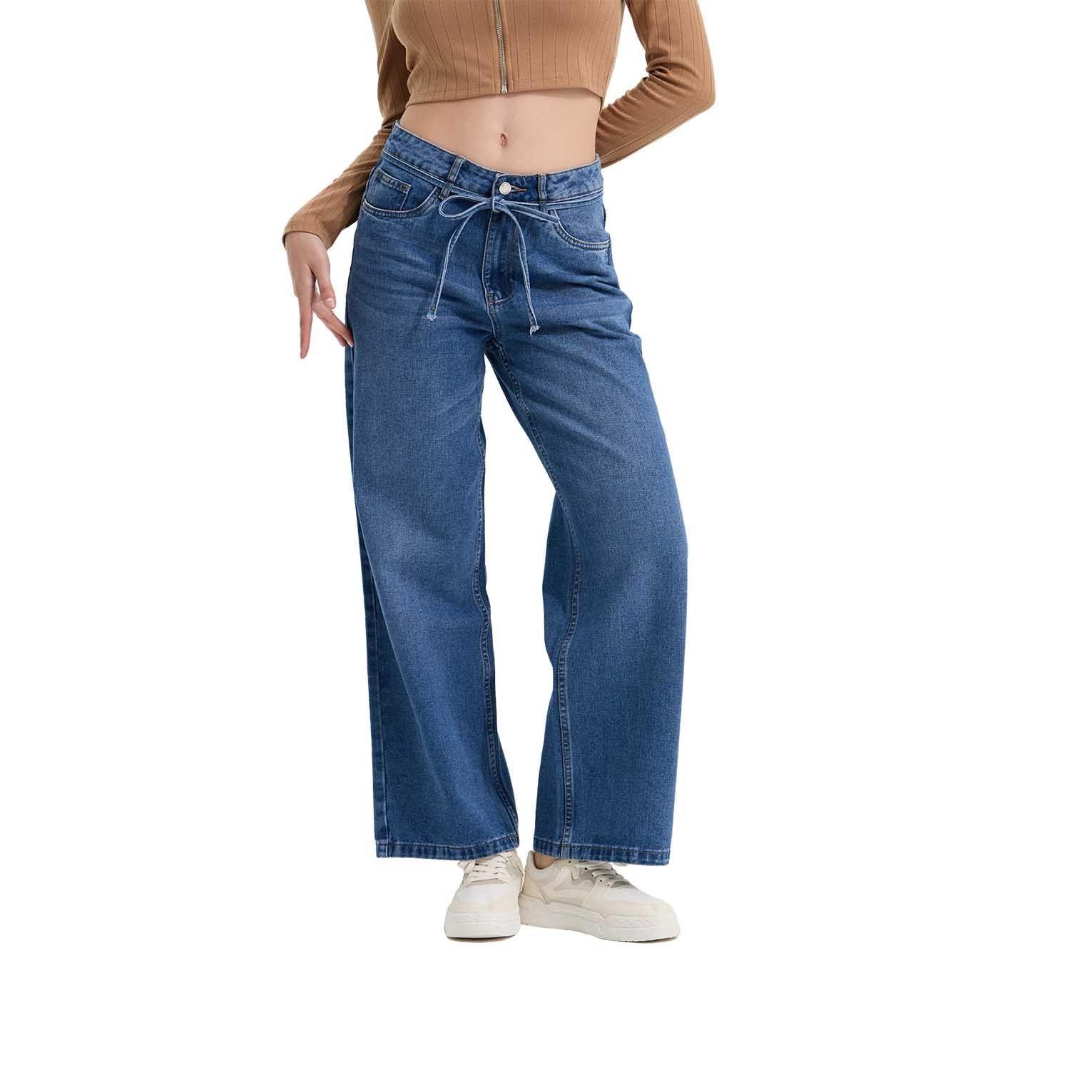 Jeans Mujer Calce Recto Cinturón Azul Fashion's Park-0