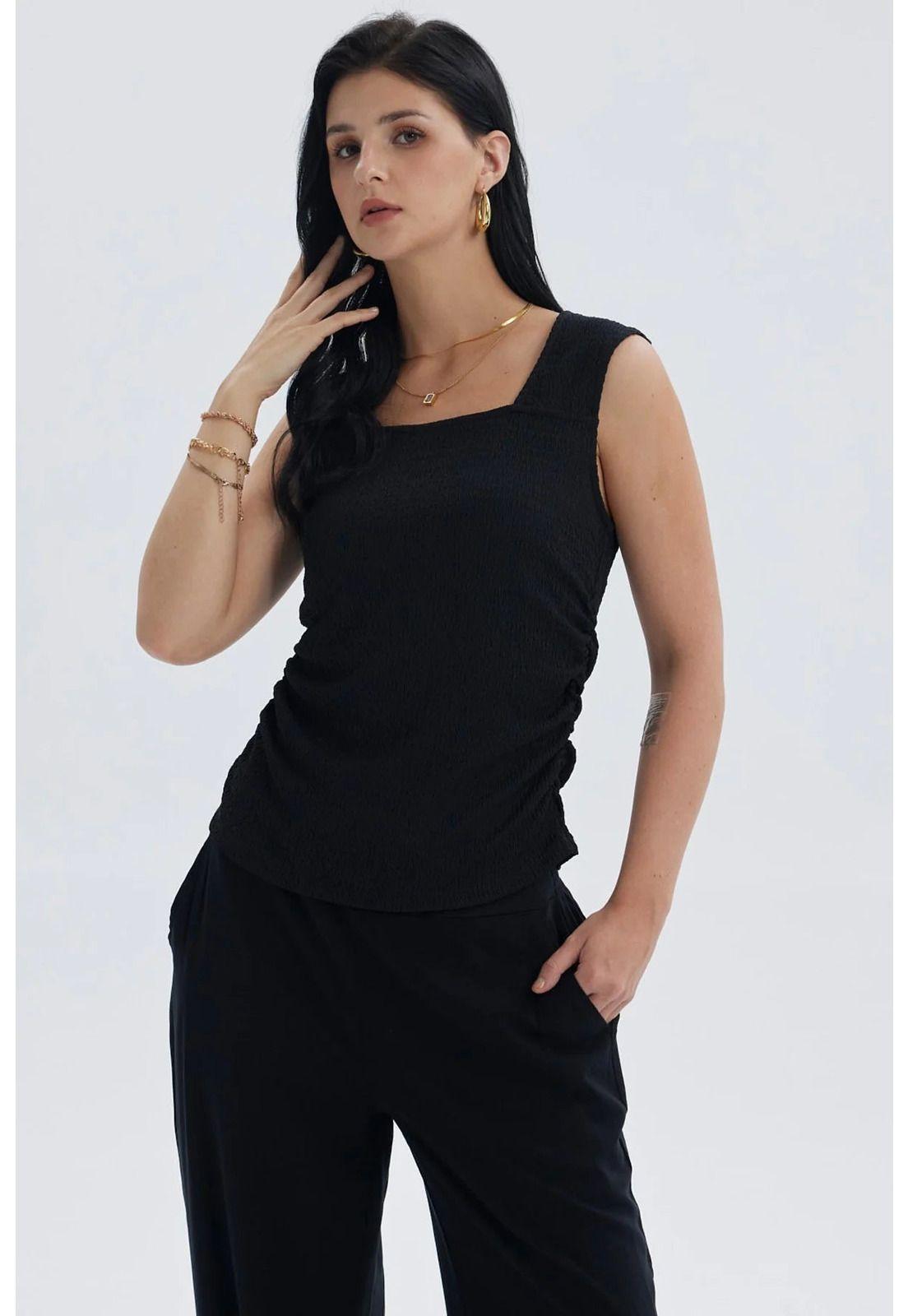 Polera Mujer Recogido Costado Negro - lV-0