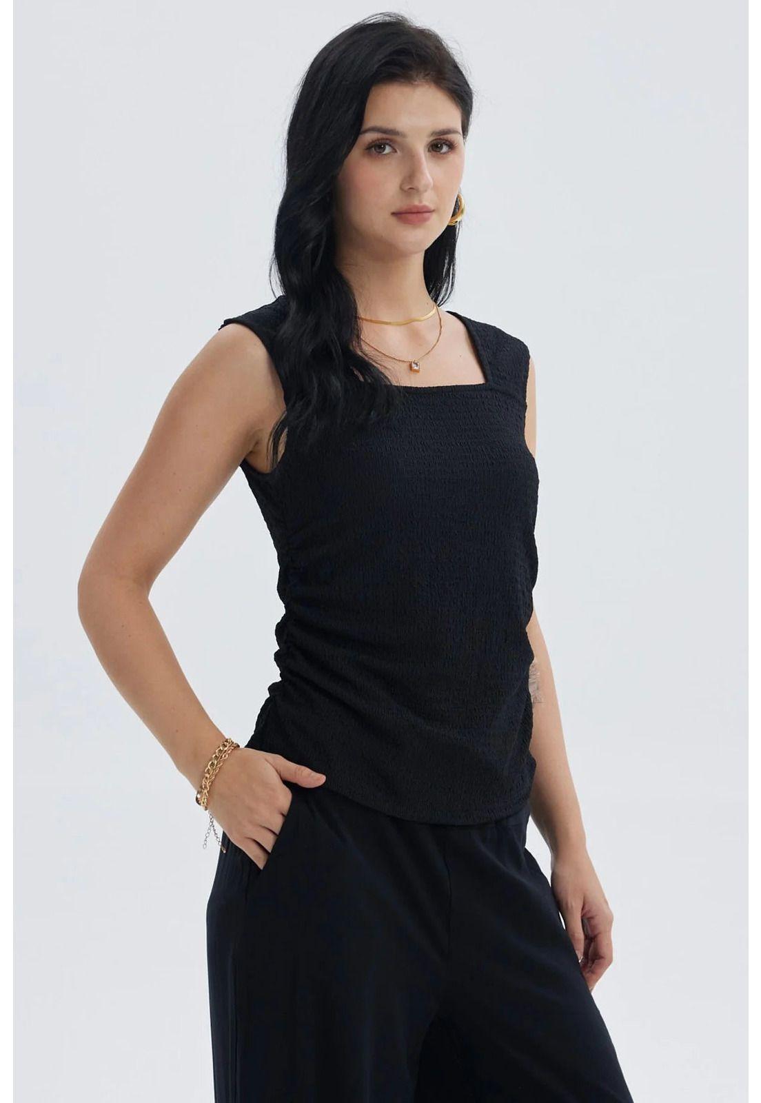 Polera Mujer Recogido Costado Negro - lV-1