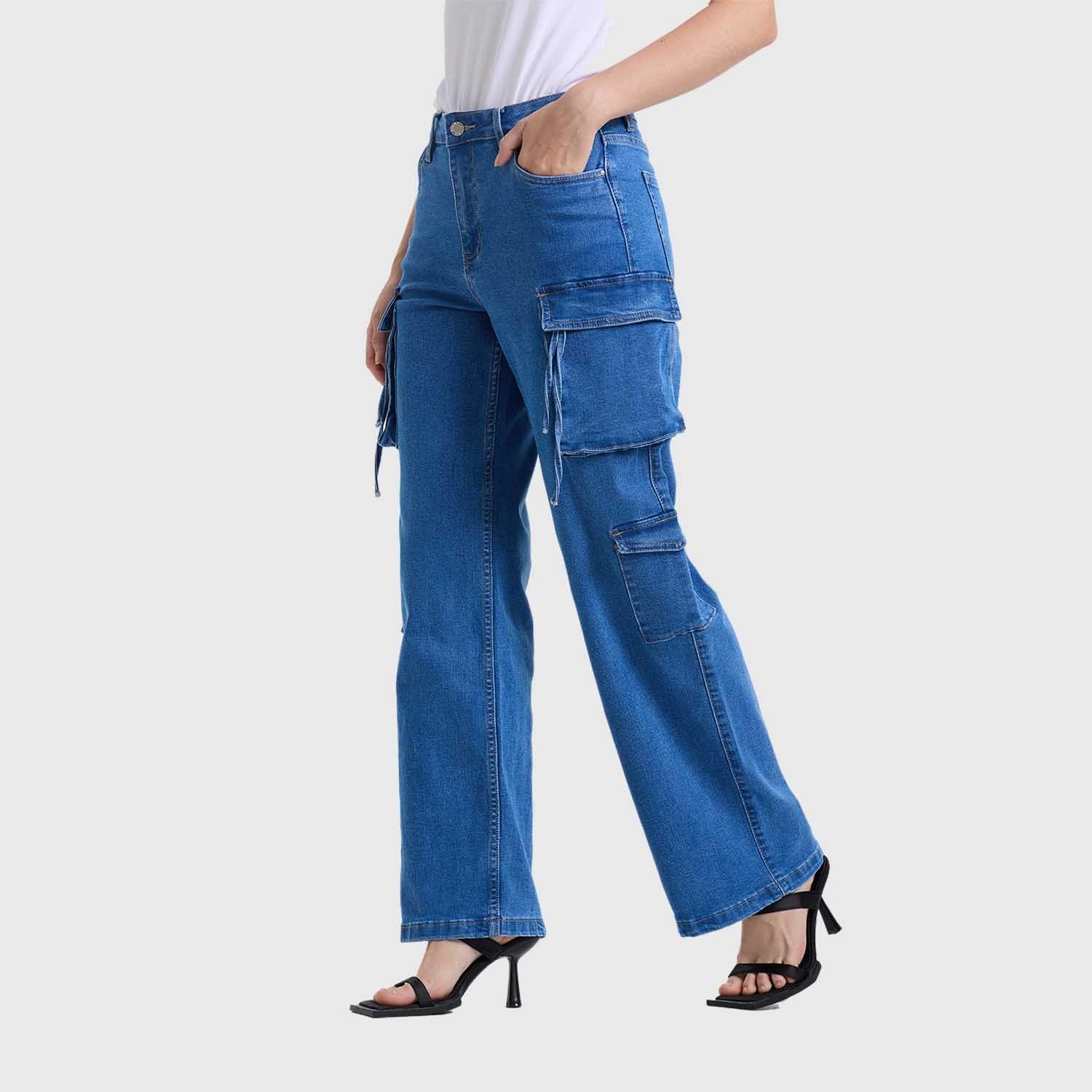 Jeans Mujer Recto Cargo Azul Claro Fashions Park-1