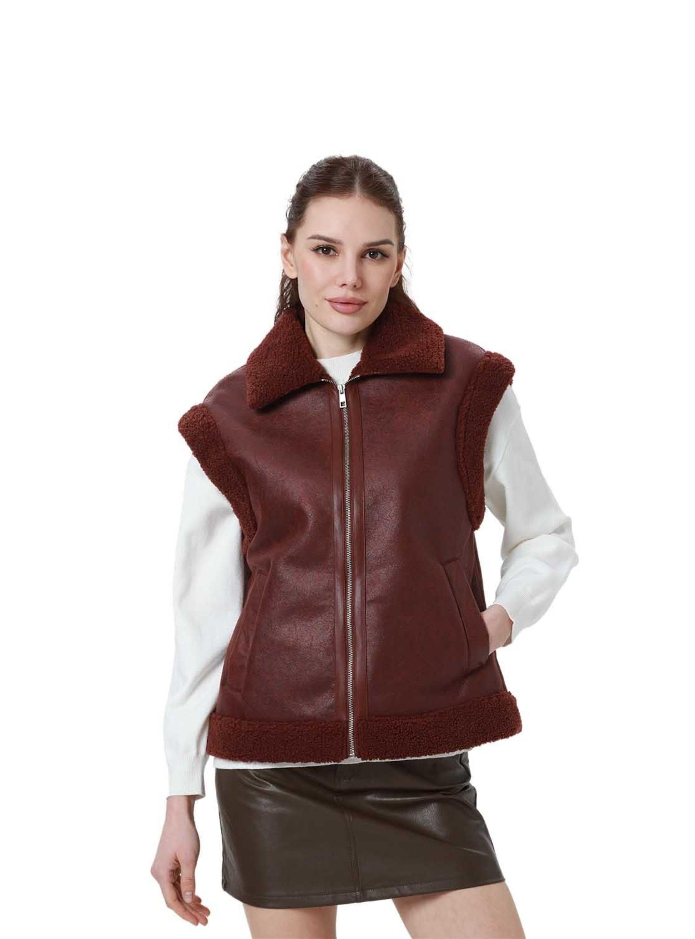 Chaqueta Mujer Efecto Cuero Corto Cafe Oscuro-0