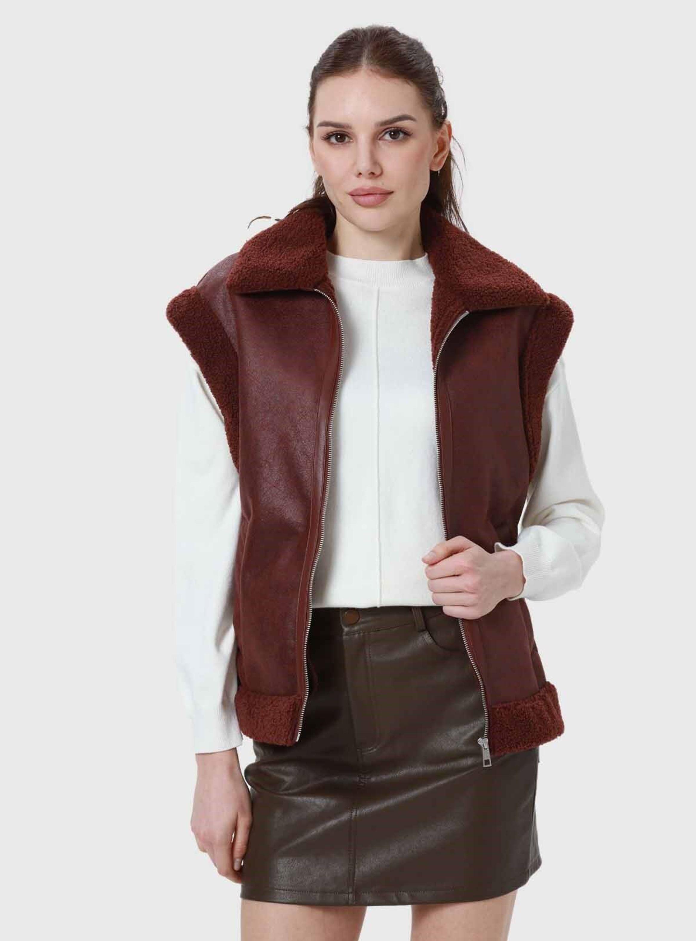 Chaqueta Mujer Efecto Cuero Corto Cafe Oscuro-1