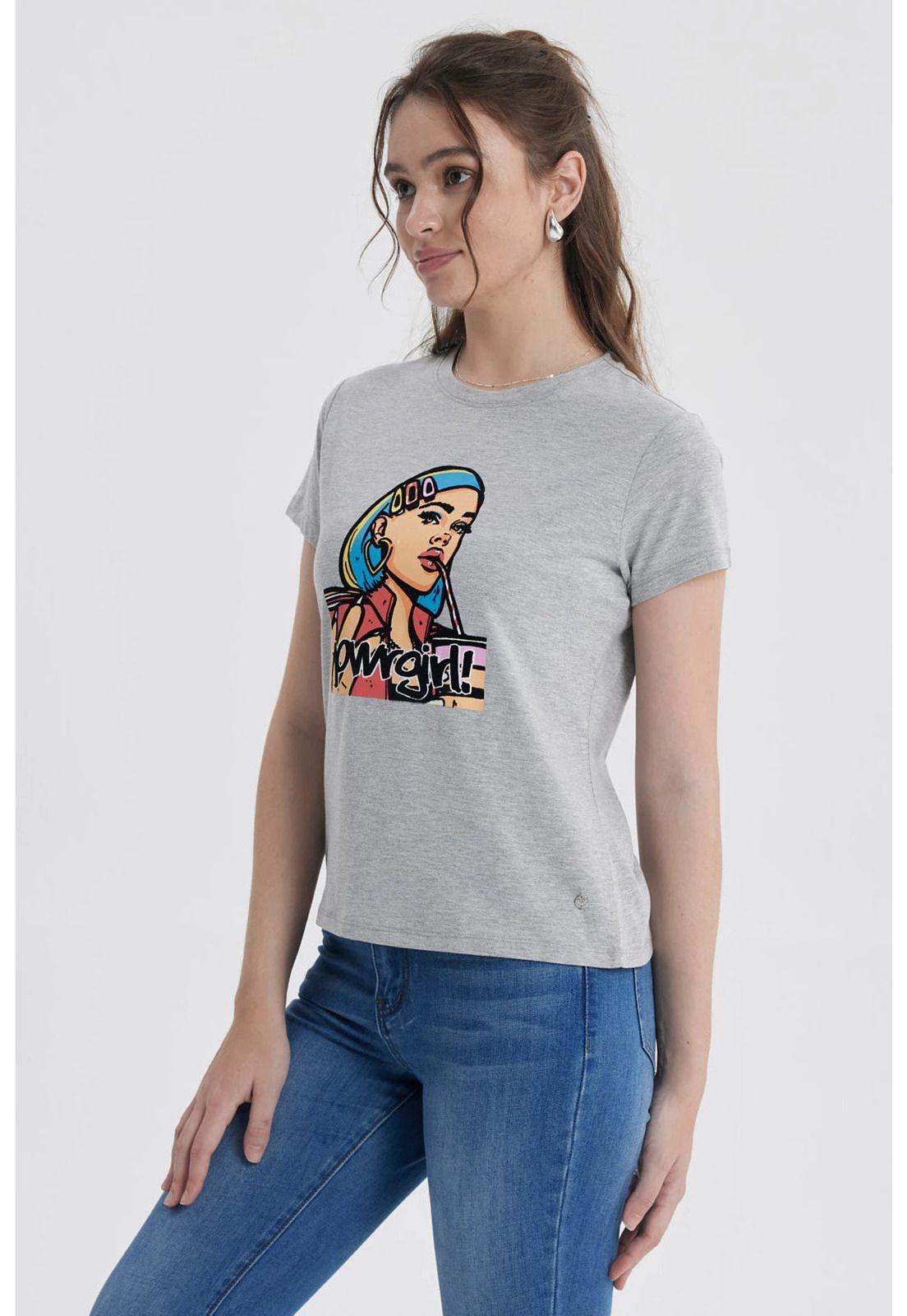 Polera Mujer Básica Print Gris Melange / Rosado-1