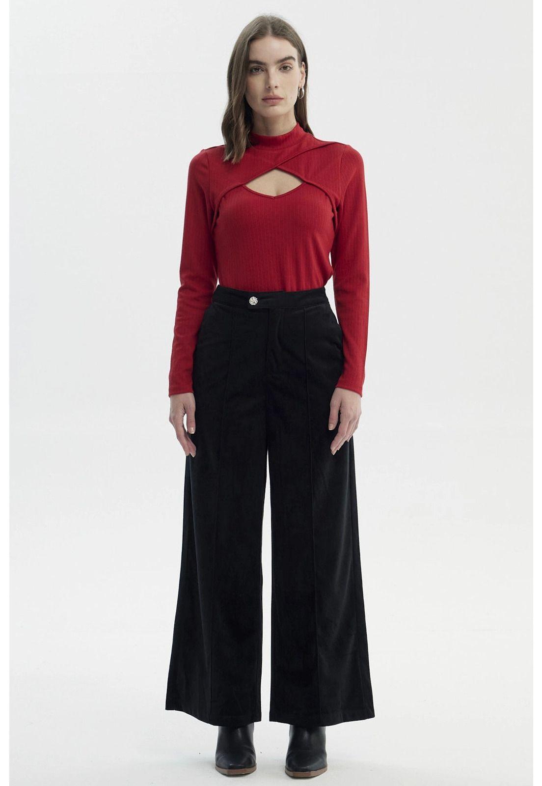 Pantalón Mujer Cotelé Botón Negro-3