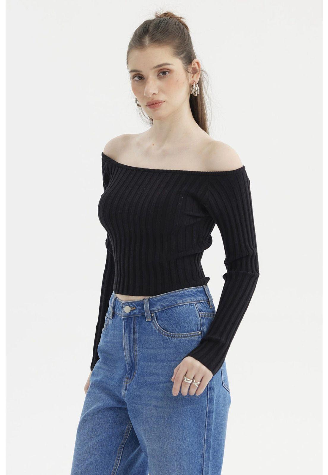 Sweater Mujer Bardot Crop Negro-2