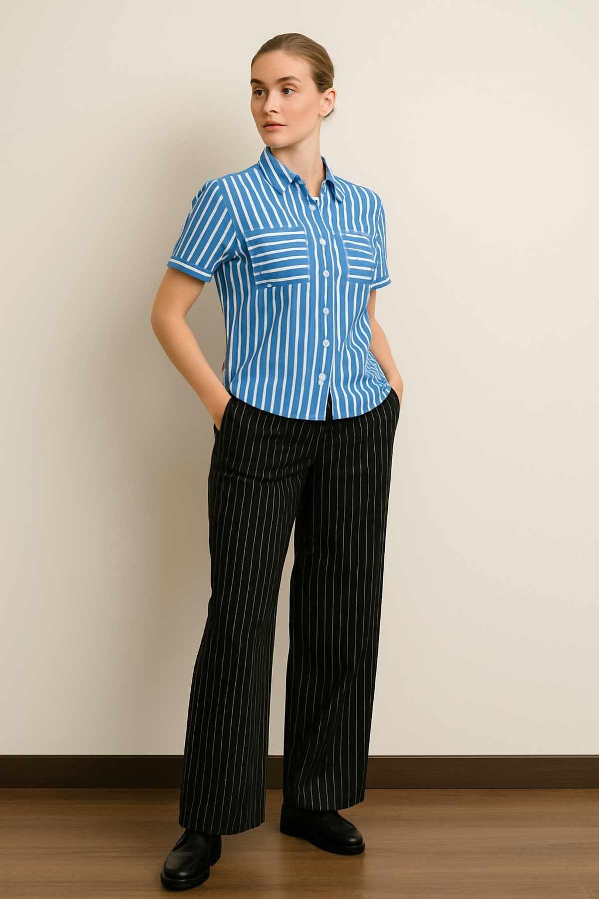 Blusa Mujer Rayada Abotonada Azul-2