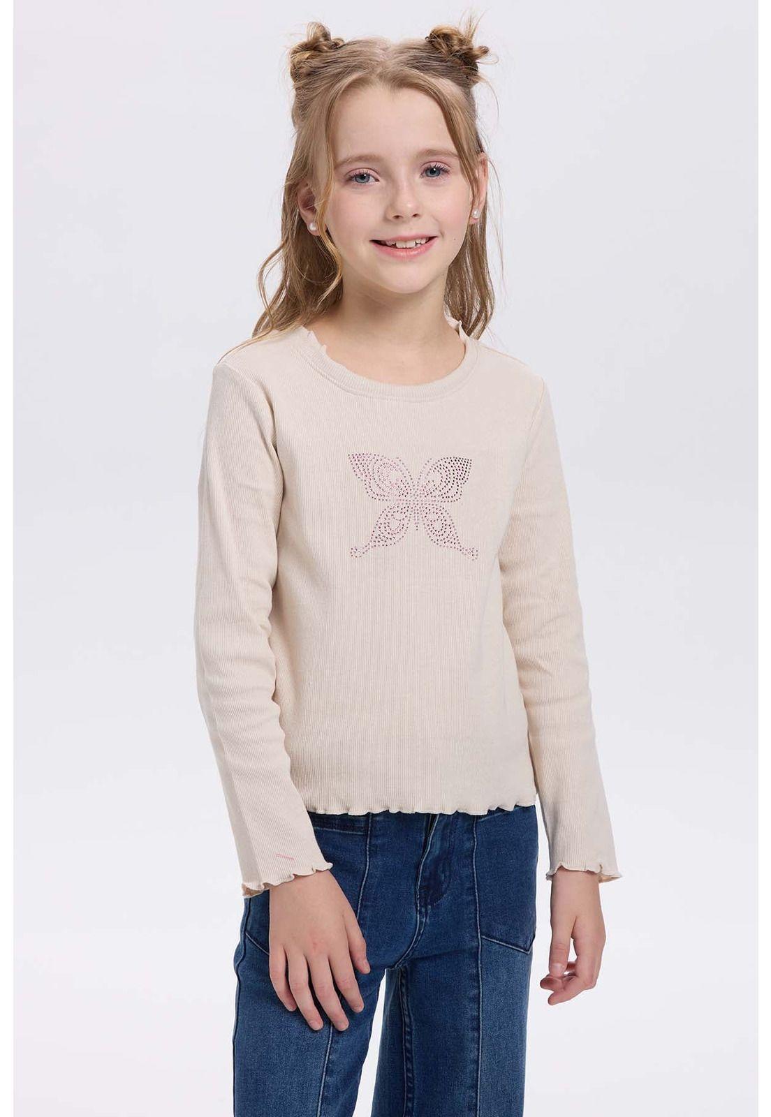 Polera Niña Rullet Print Strass Beige-0