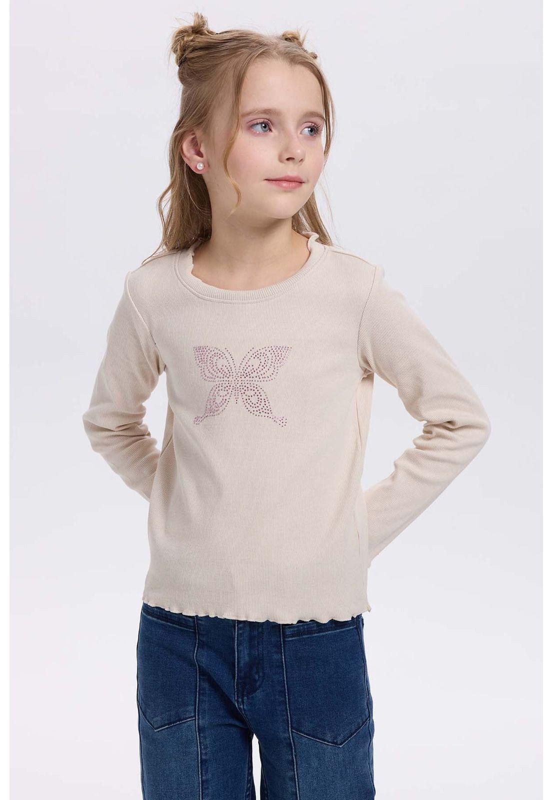 Polera Niña Rullet Print Strass Beige-1