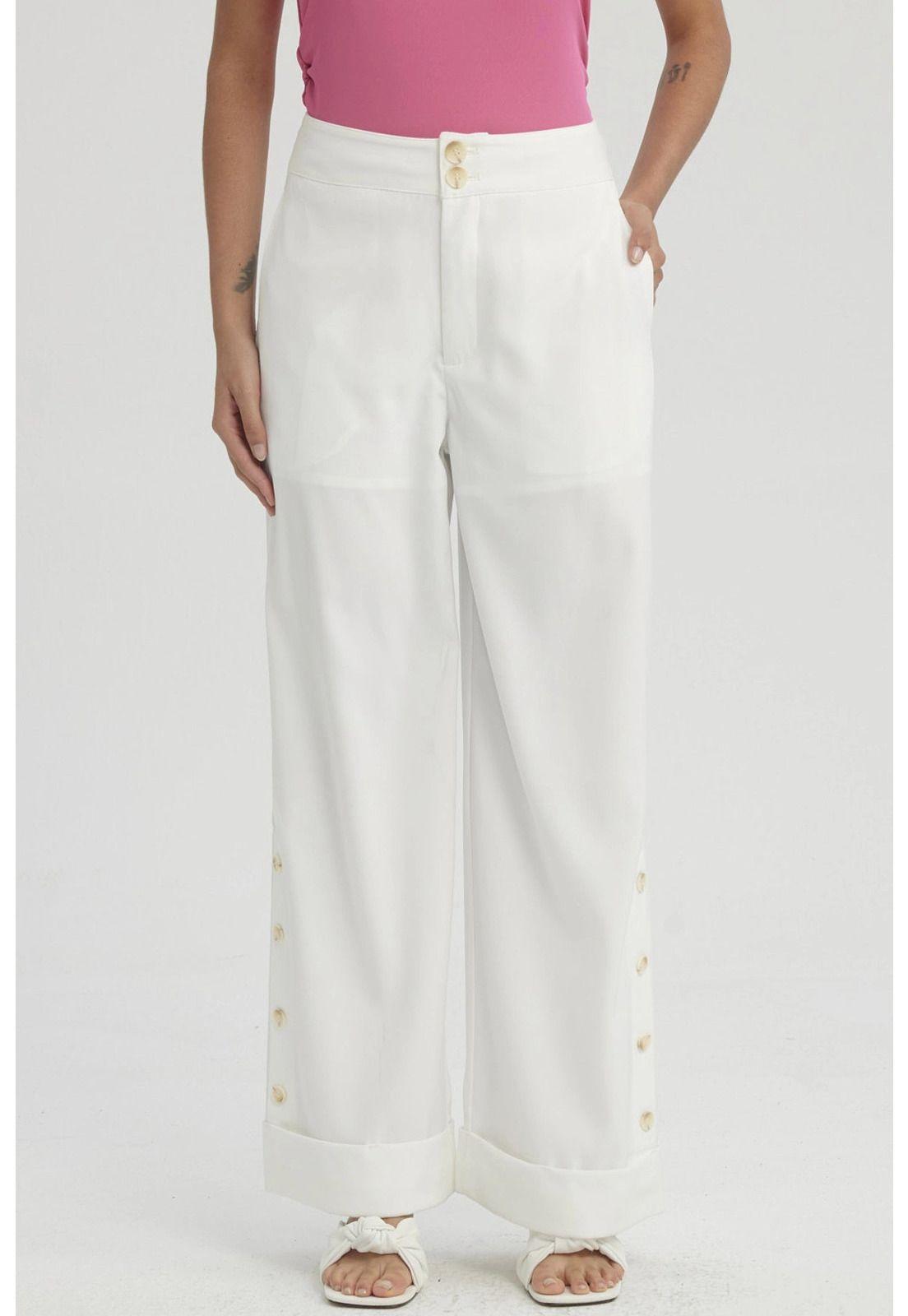 Pantalón Mujer Sastrero Aplicación Botón Costado Crudo-0
