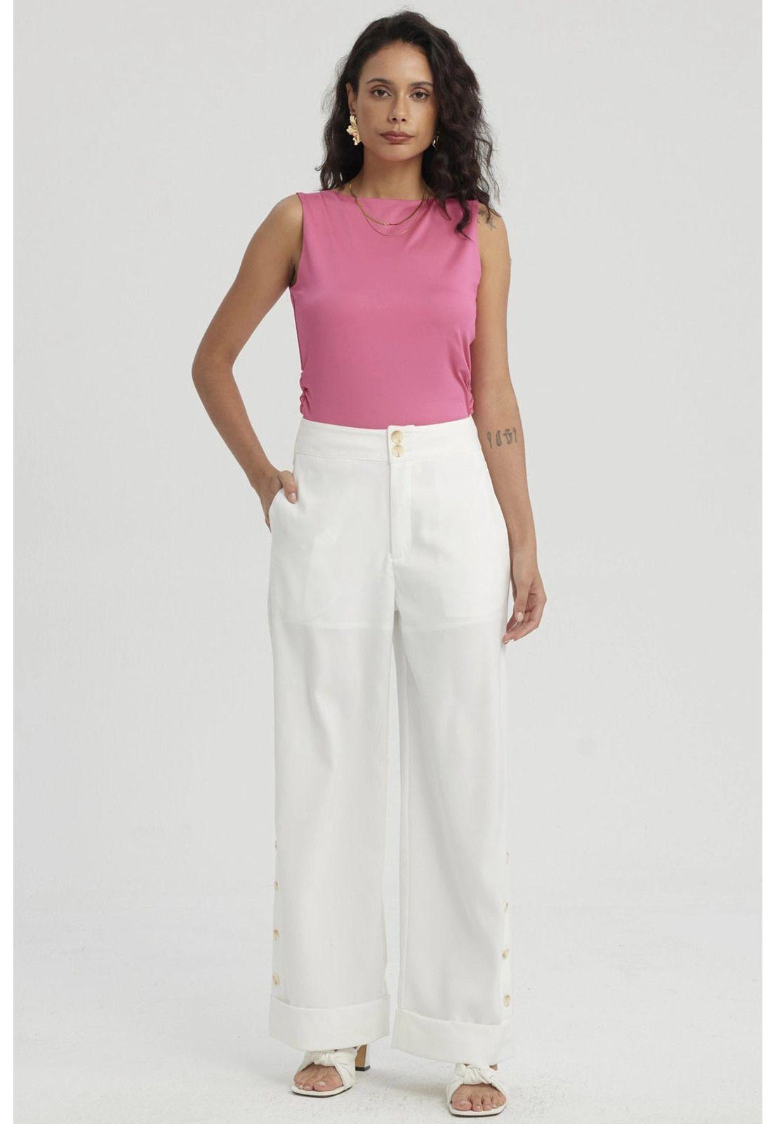 Pantalón Mujer Sastrero Aplicación Botón Costado Crudo-1