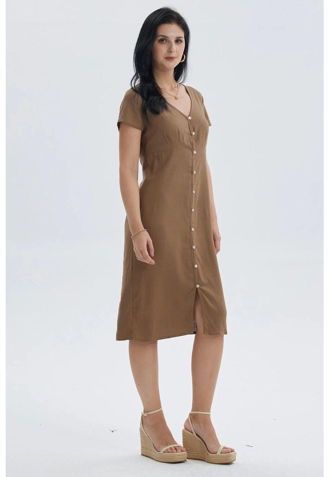 Vestido Mujer Lino Abotonado Café Claro-2