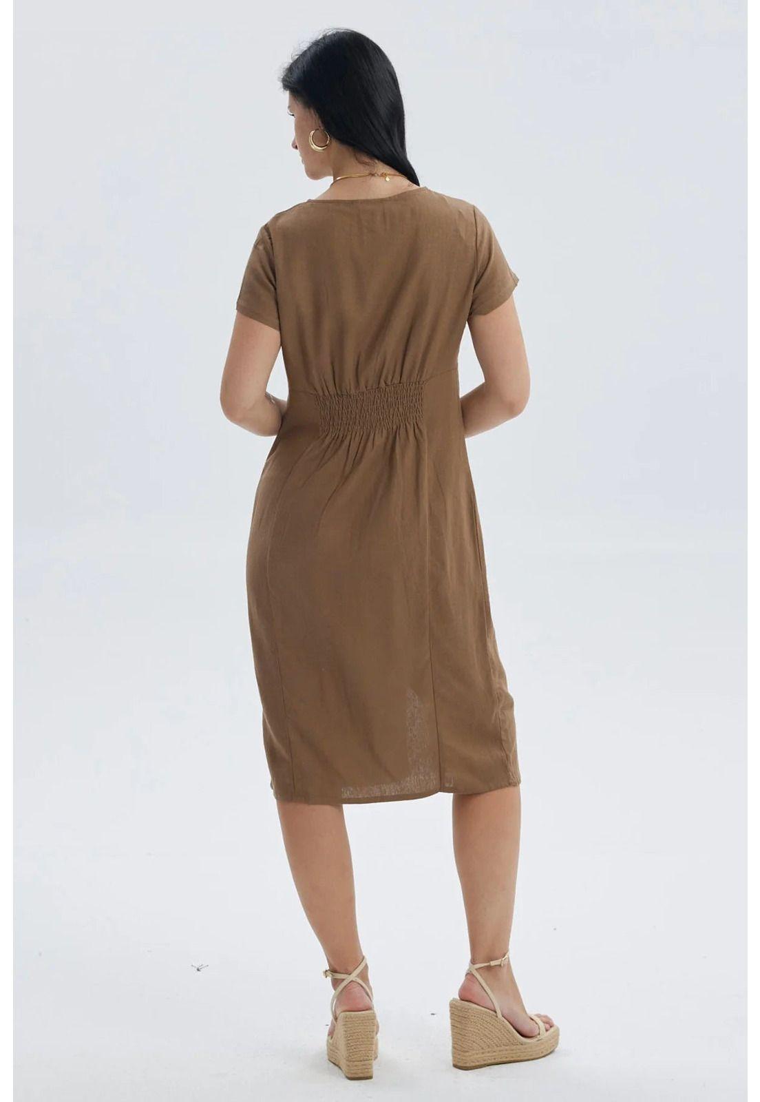 Vestido Mujer Lino Abotonado Café Claro-3