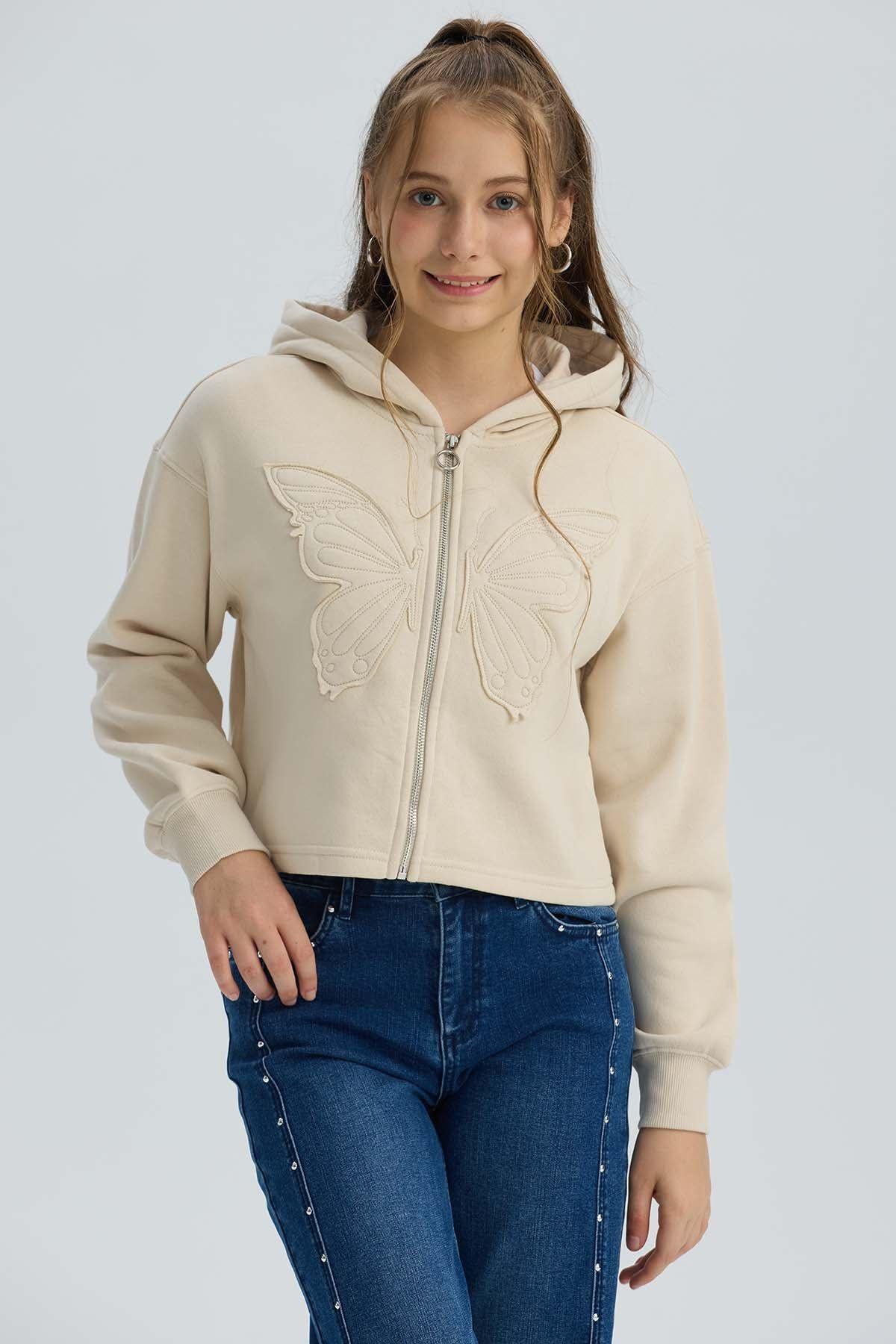 Polerón Niña Full Zipper Mariposa Beige-0