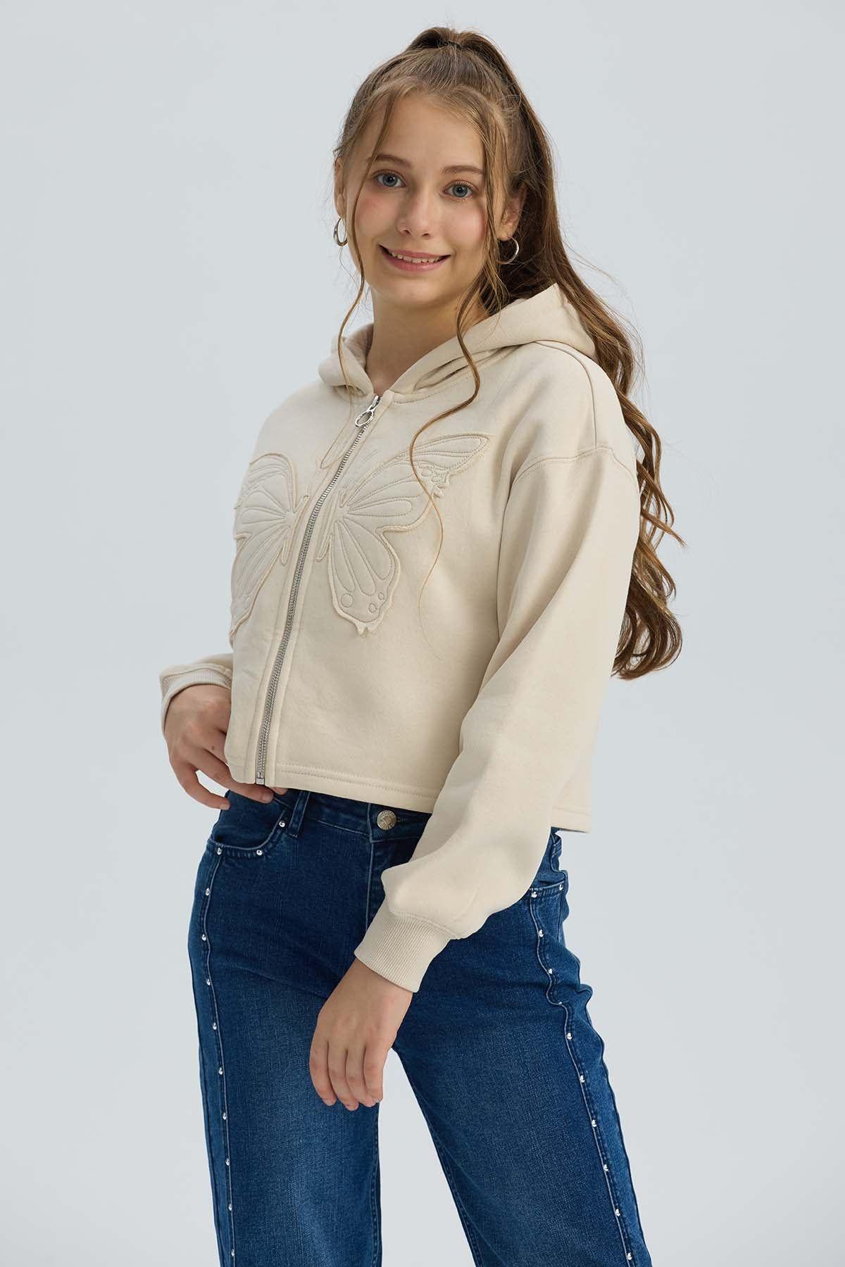Polerón Niña Full Zipper Mariposa Beige-1