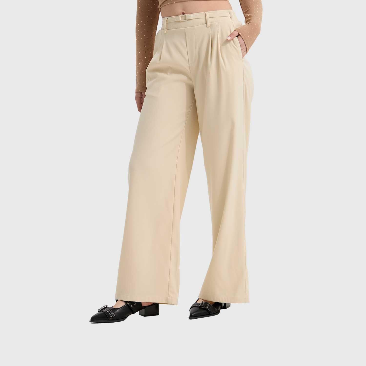 Pantalón Mujer Sastre Cinturón Beige Claro Fashion's Park-1