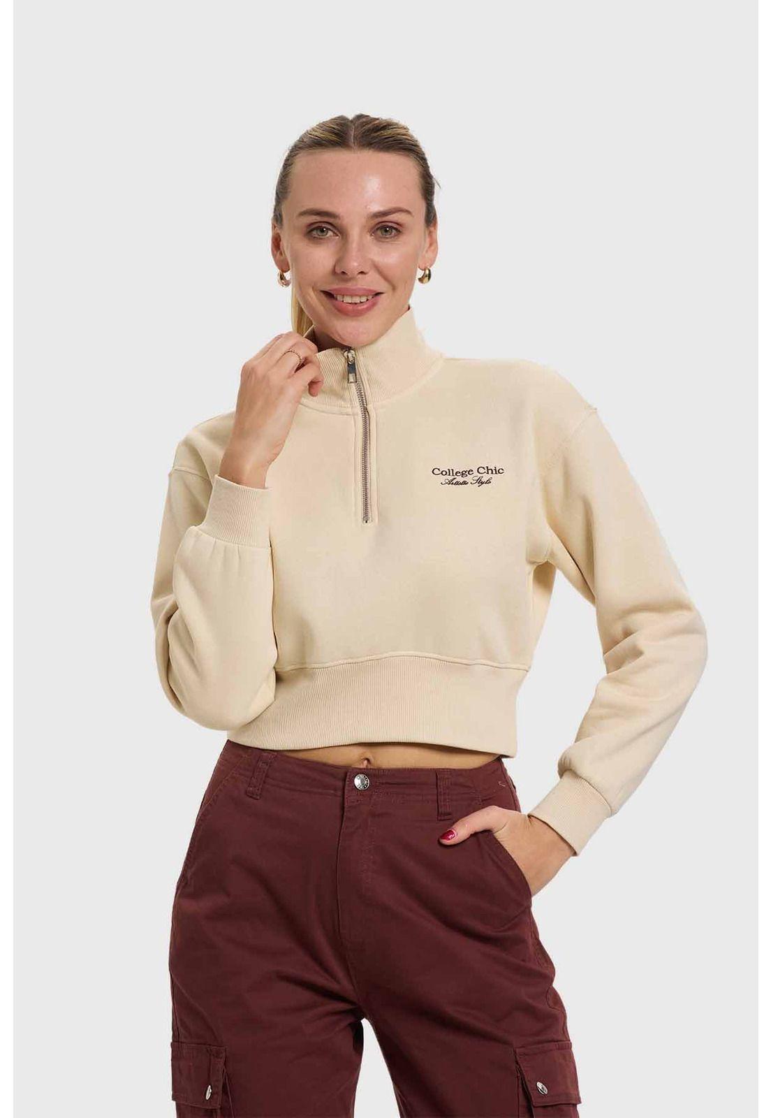 Polerón Mujer Medio Cierre Pretina Beige-0