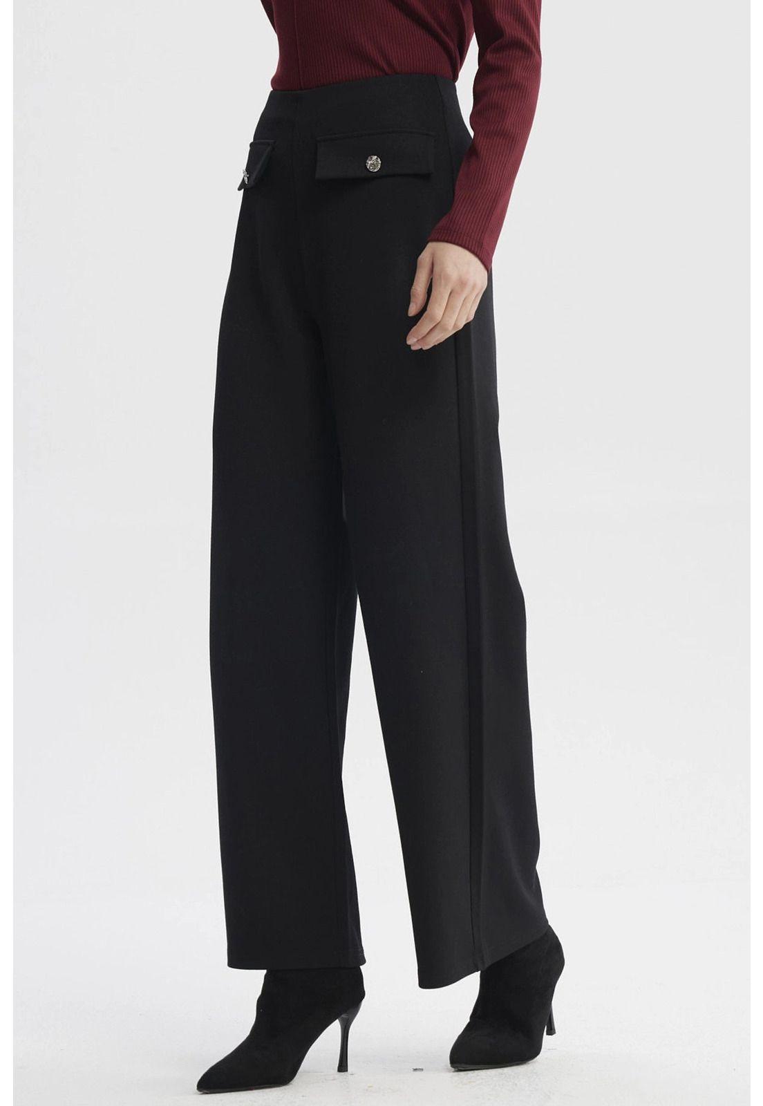 Pantalón Mujer Calce Recto Tapeta Botones Negro-1