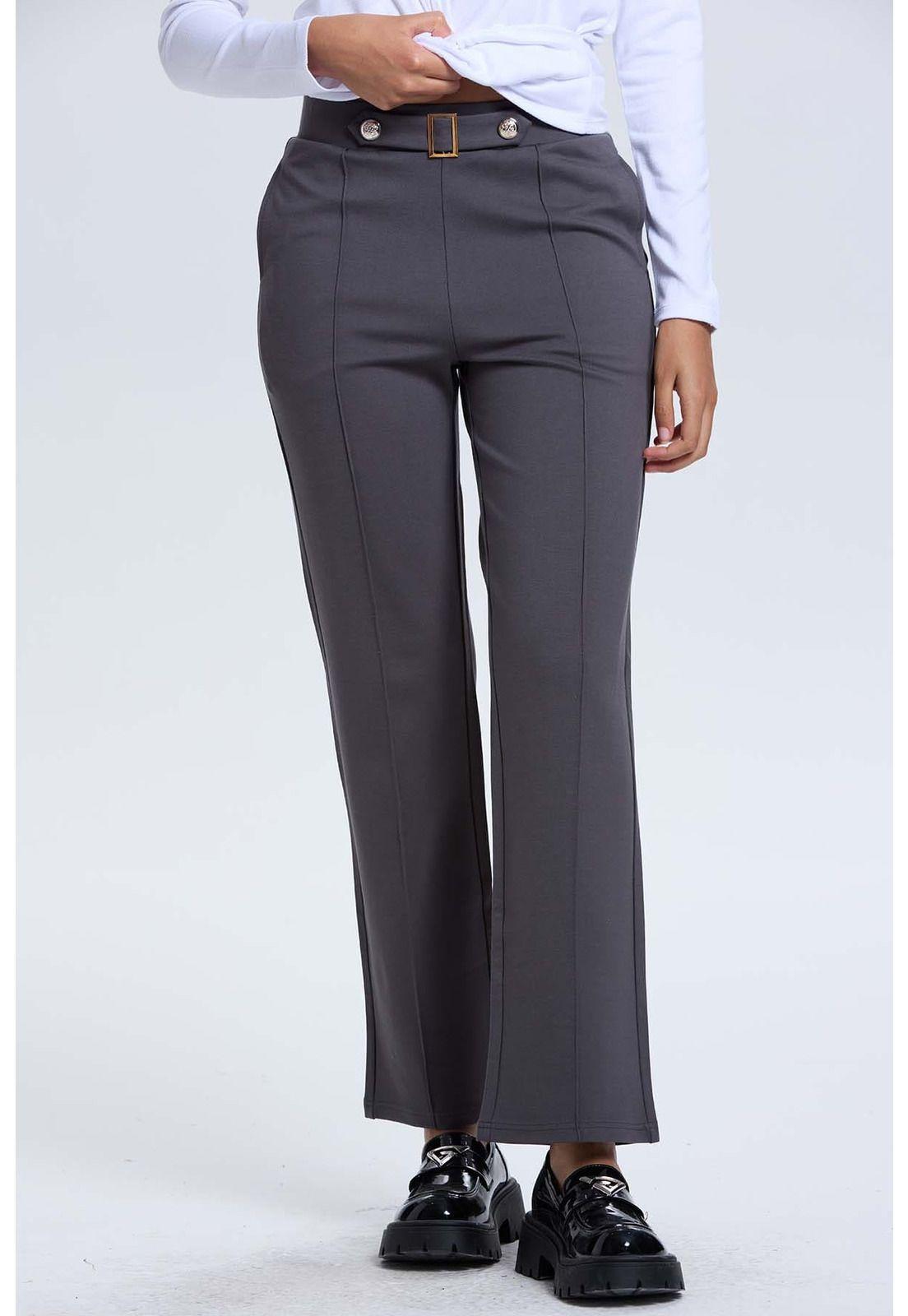 Pantalón Mujer Aplicación Hebilla Gris Oscuro-0