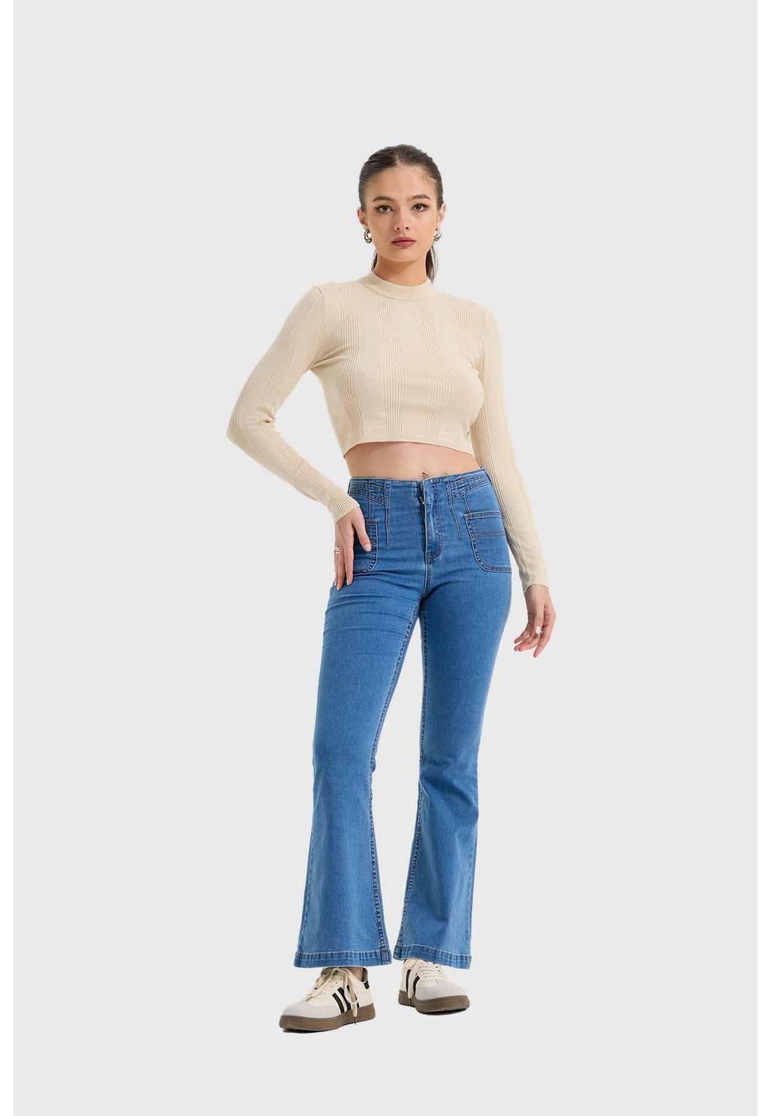 Jeans Mujer Flare Corte Cintura Azul-3