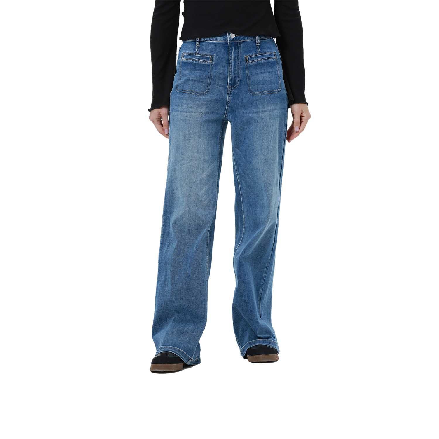 Jeans Mujer Bolsillos Calce Recto Azul-0