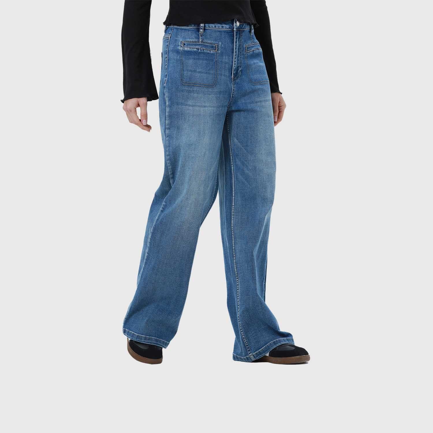 Jeans Mujer Bolsillos Calce Recto Azul-1