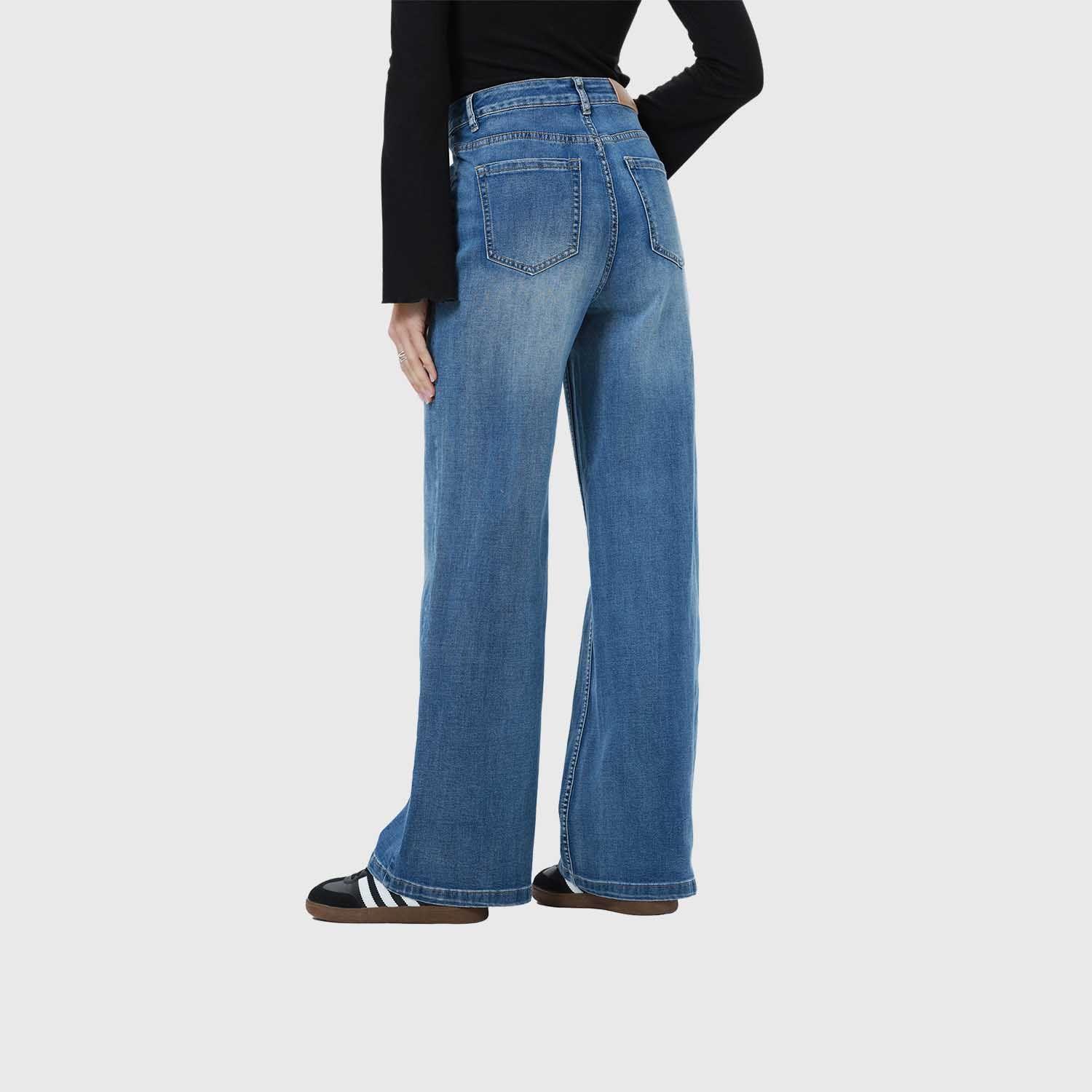 Jeans Mujer Bolsillos Calce Recto Azul-2