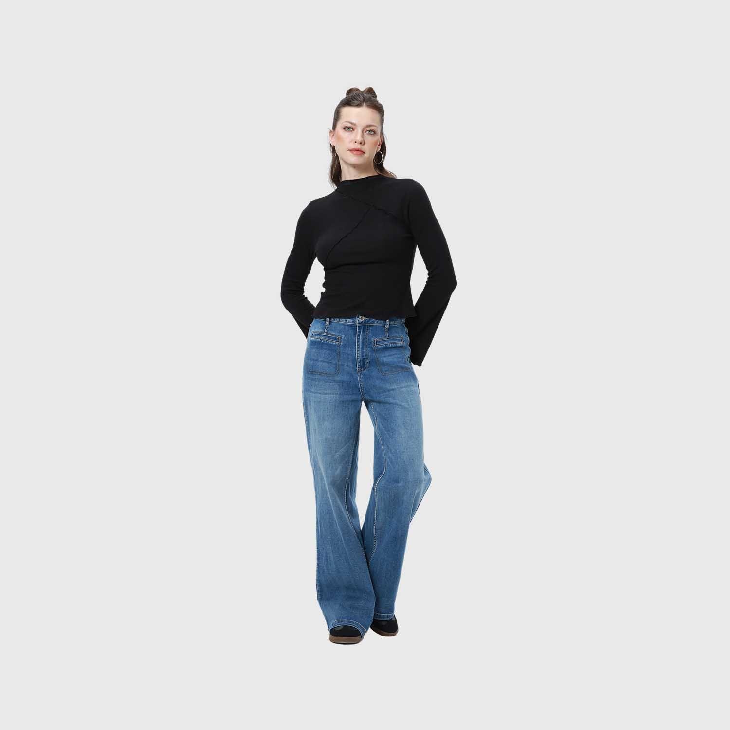 Jeans Mujer Bolsillos Calce Recto Azul-3