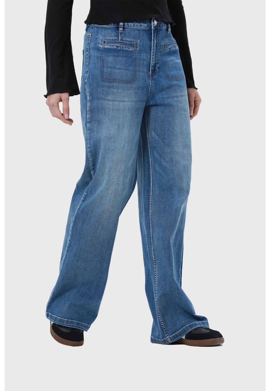 Jeans Mujer Bolsillos Calce Recto Azul-1