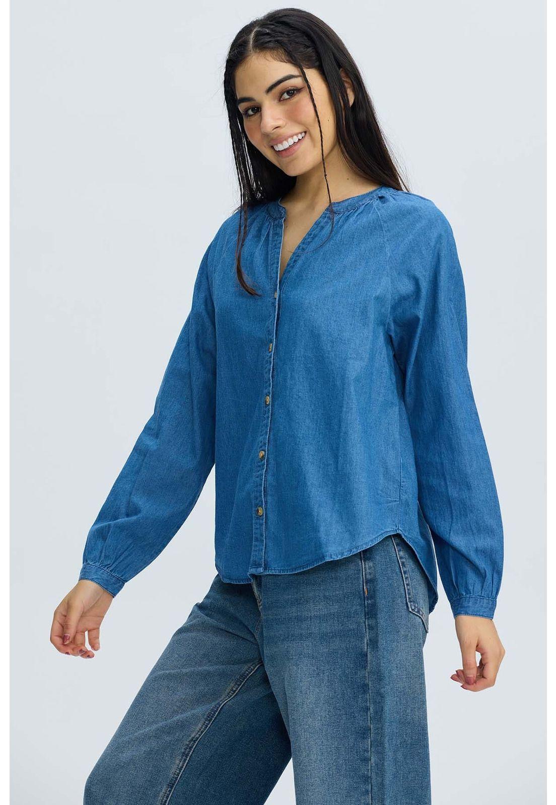 Blusa Mujer Boho Manga Ancha Azul-1