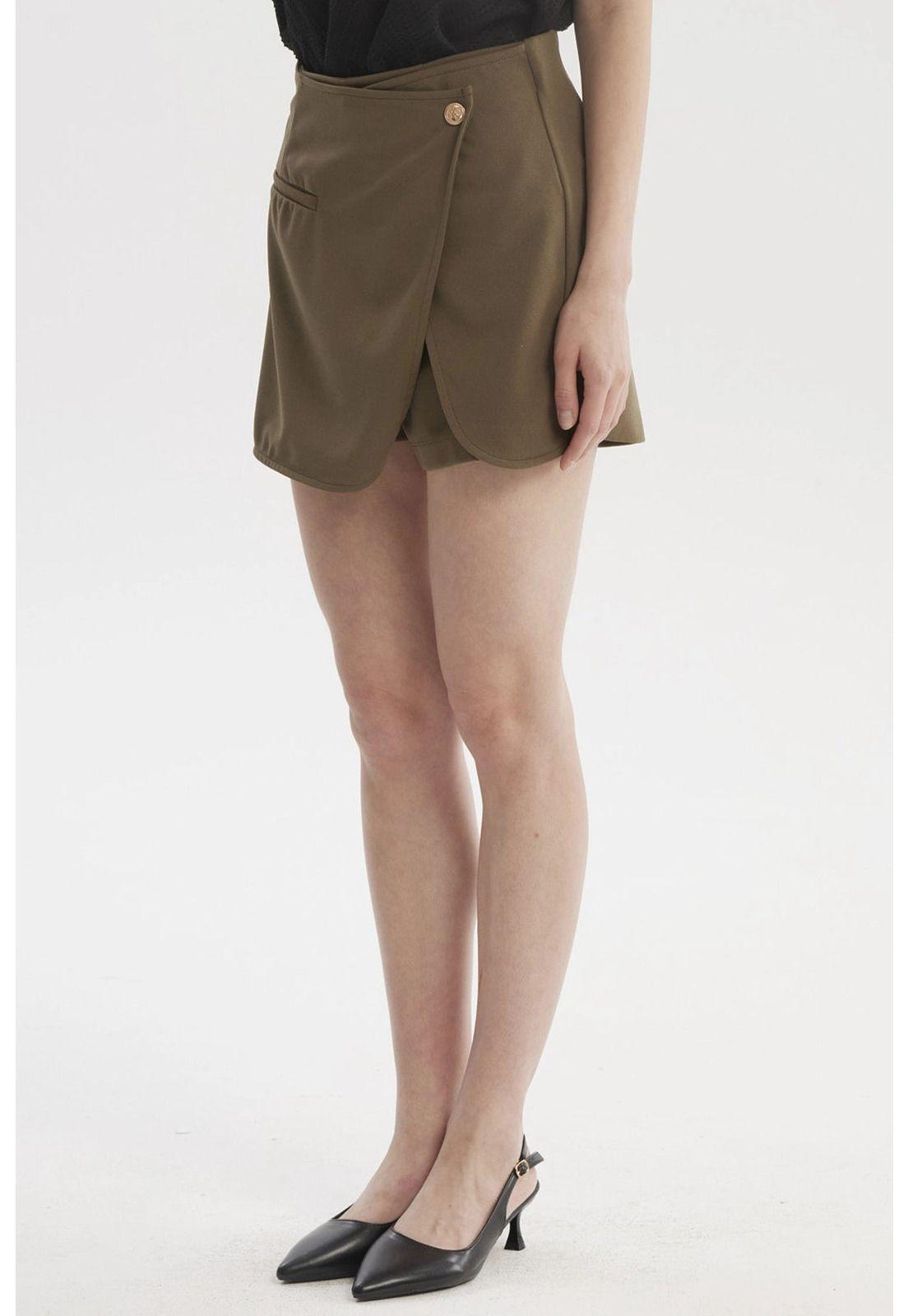 Falda Mujer Cruzado Aplicación Abotonado Verde Olivo-1