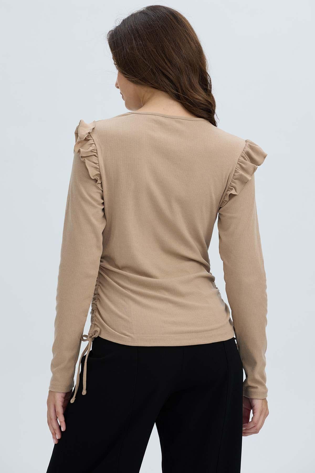 Polera Mujer Con Vuelo Rib Recogido Beige Oscuro-2
